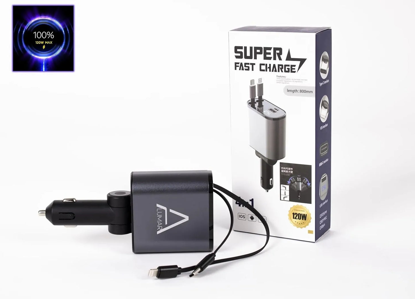4 Fast Charging Ports with 80cm Retractable Cables || 4 منافذ شحن سريع مع كابلات قابلة للسحب بطول 80 سم